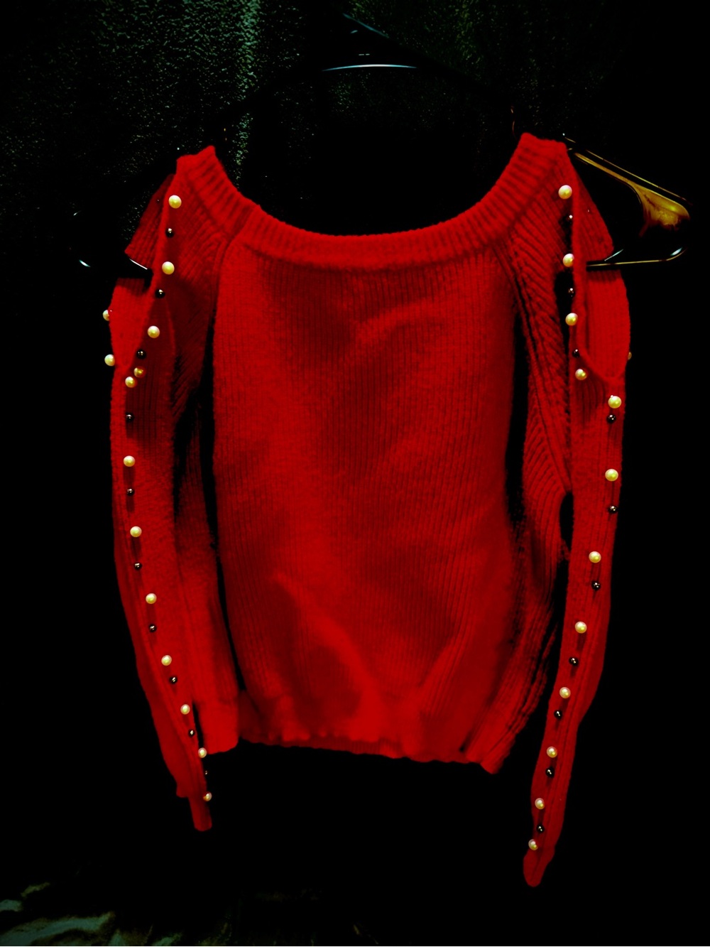 Pearl-Accent Off-the-Shoulder Red Sweater